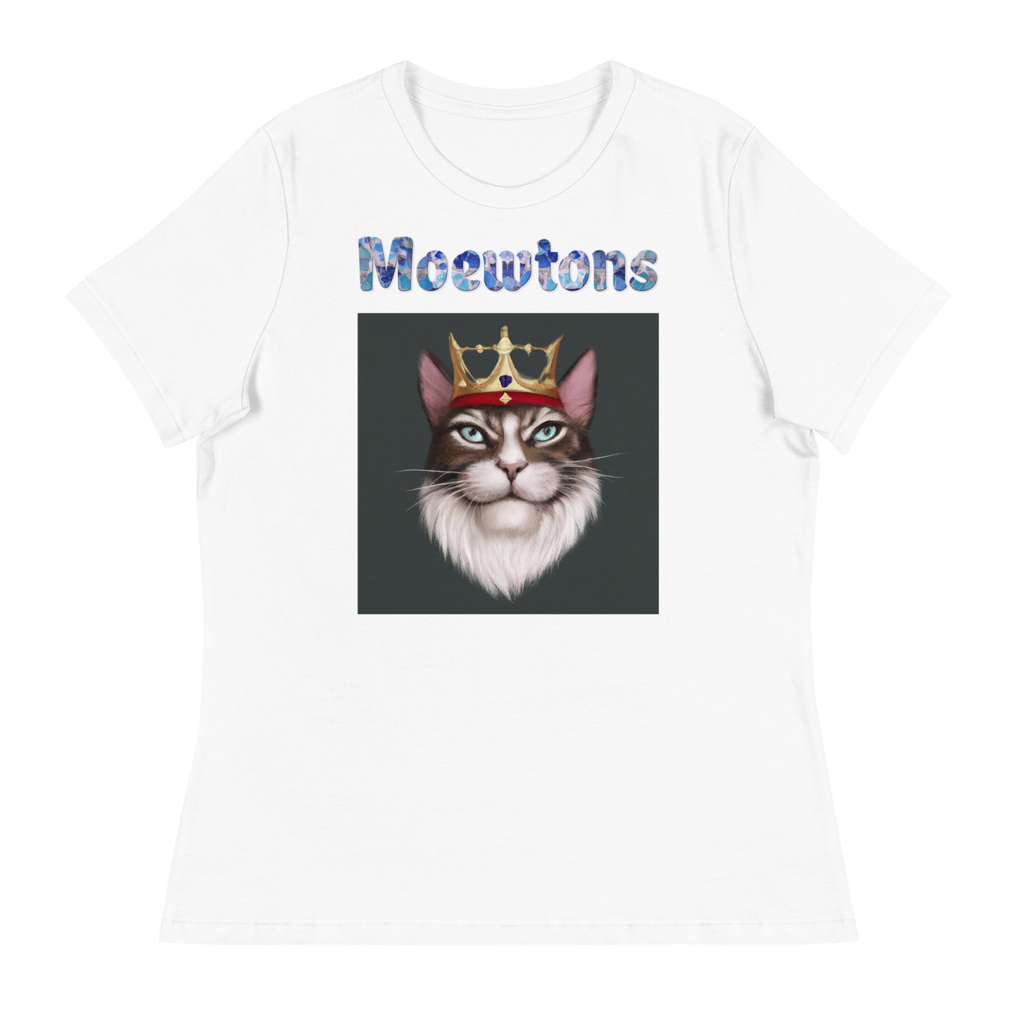 Women's White T-Shirt with Cat King with a text "Moewtons" at $25.97 found at Personalizedpetlovergifts