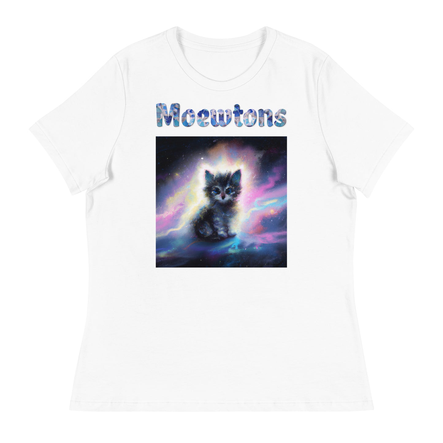 Women's White T-Shirt with Cat In The Space with a text "Moewtons" at $25.97 found at Personalizedpetlovergifts