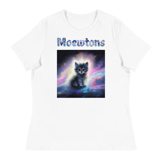 Women's White T-Shirt with Cat In The Space with a text "Moewtons" at $25.97 found at Personalizedpetlovergifts