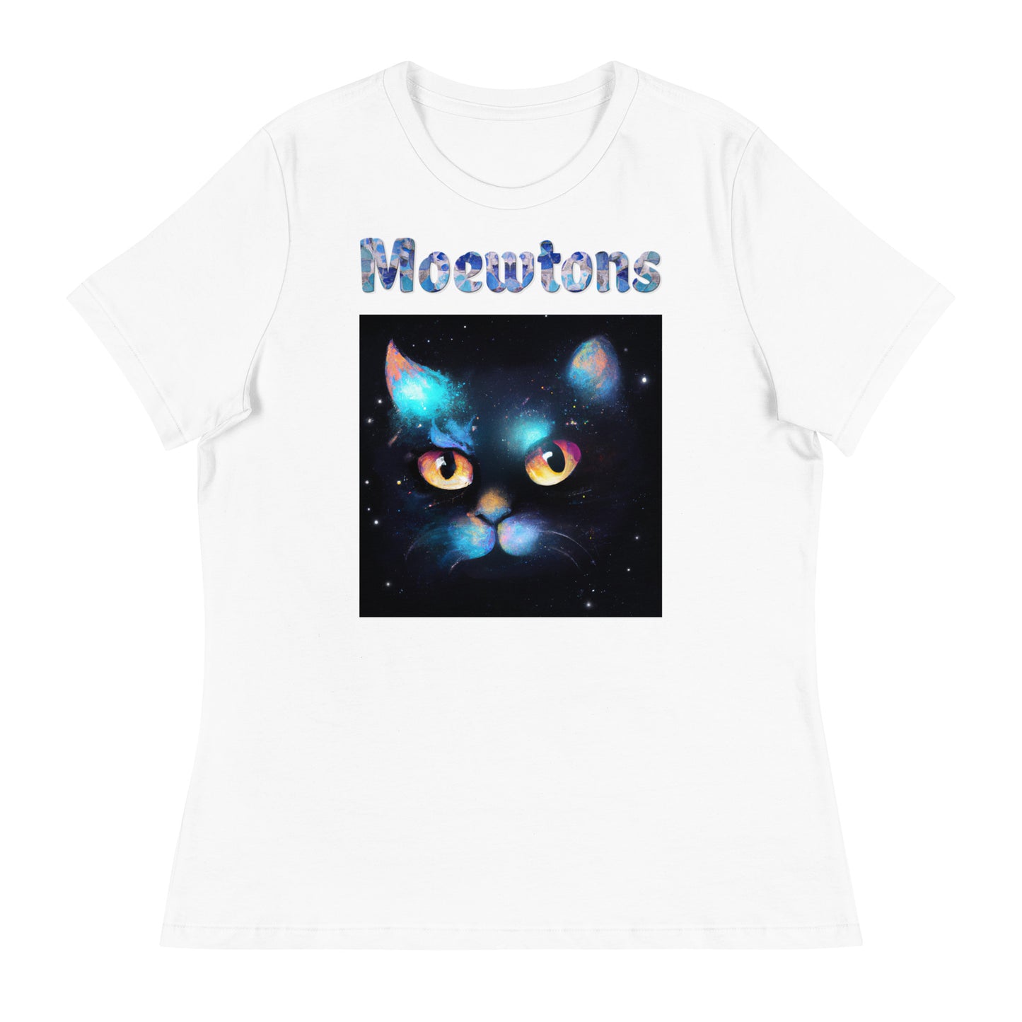 Women's White T-Shirt with Cat In Space with a text "Moewtons" at $25.97 found at Personalizedpetlovergifts