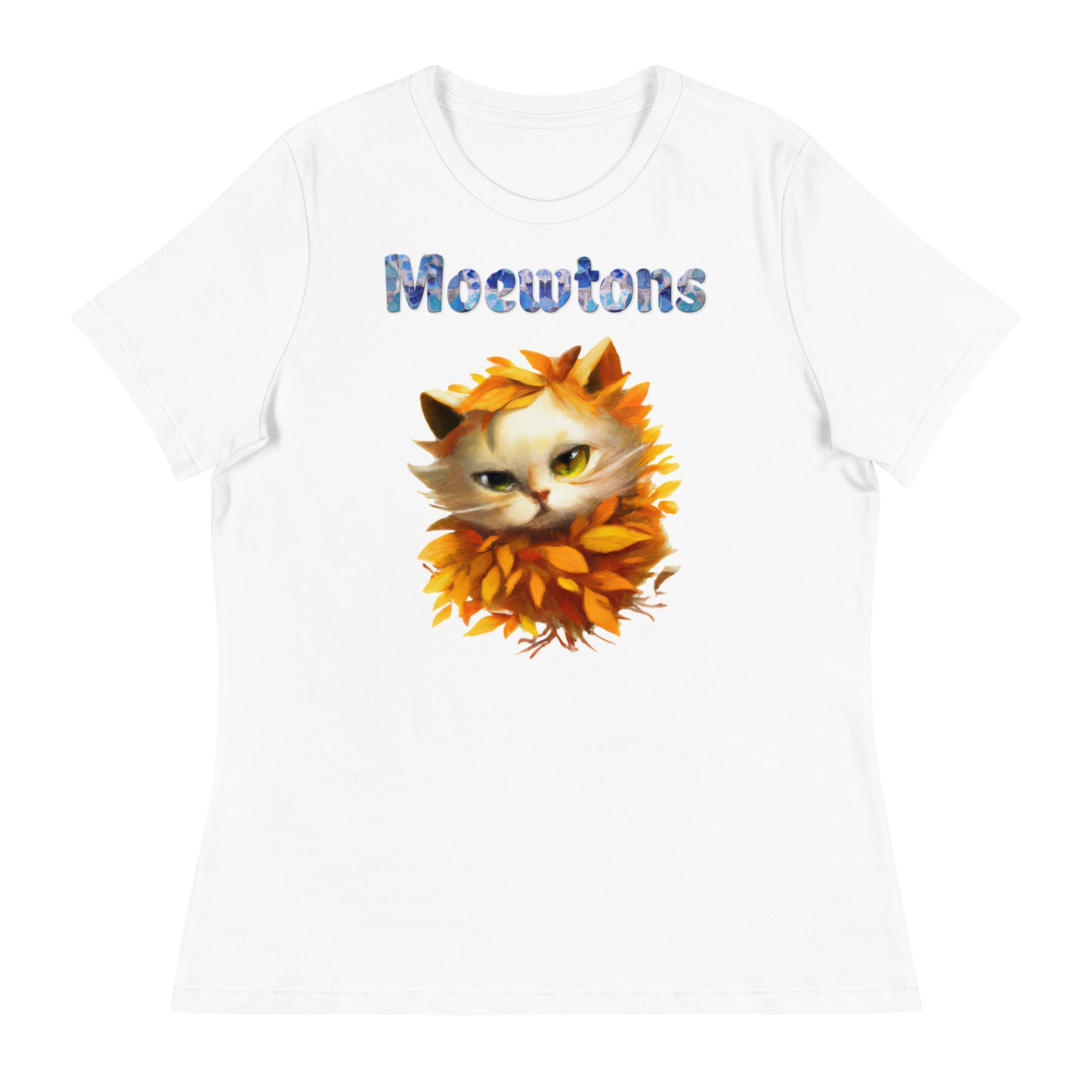 Women's White T-Shirt with Cat In Orange Autumn Leaves with a text "Moewtons" at $25.97 found at Personalizedpetlovergifts