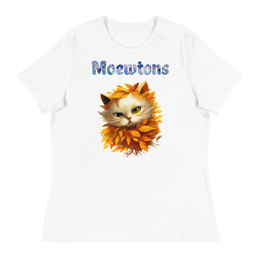 Women's White T-Shirt with Cat In Orange Autumn Leaves with a text "Moewtons" at $25.97 found at Personalizedpetlovergifts