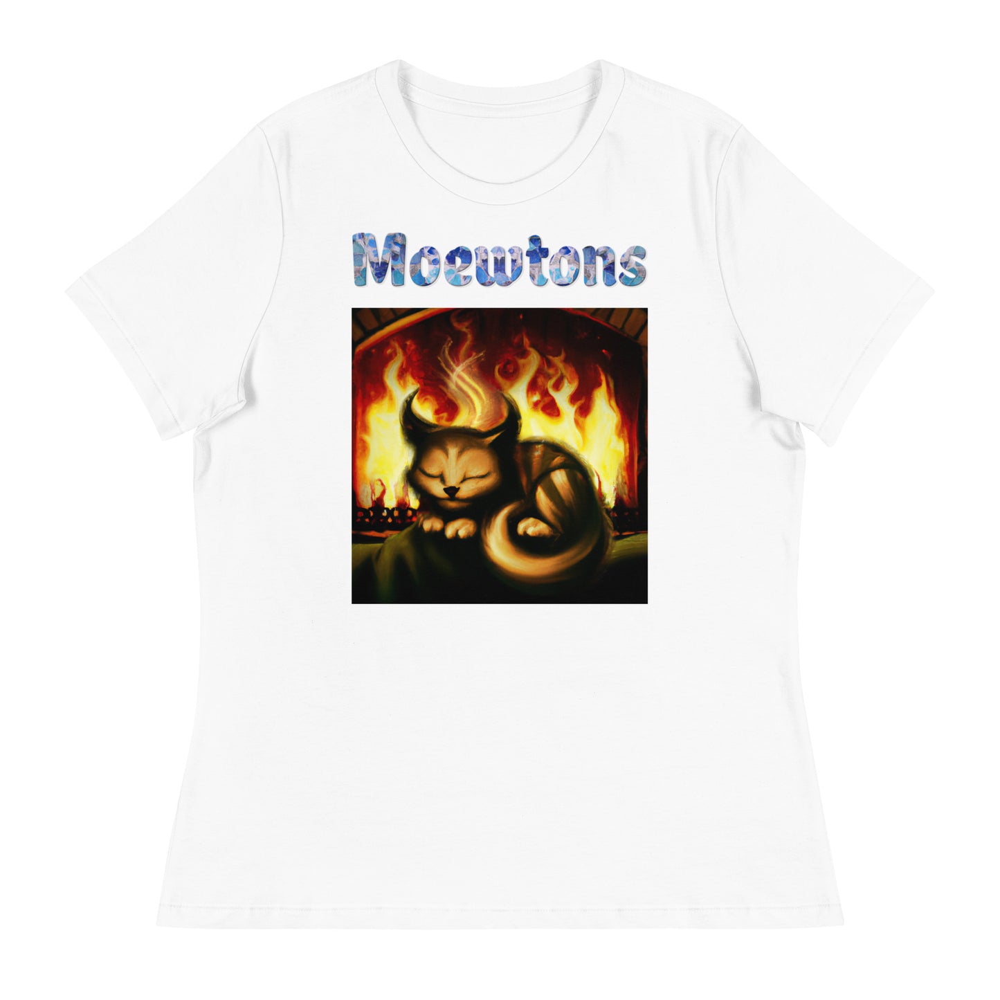 Women's White T-Shirt with Cat In Front Of a Fireplace with a text "Moewtons" at $25.97 found at Personalizedpetlovergifts