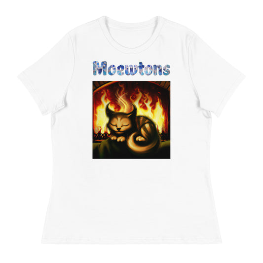 Women's White T-Shirt with Cat In Front Of a Fireplace with a text "Moewtons" at $25.97 found at Personalizedpetlovergifts