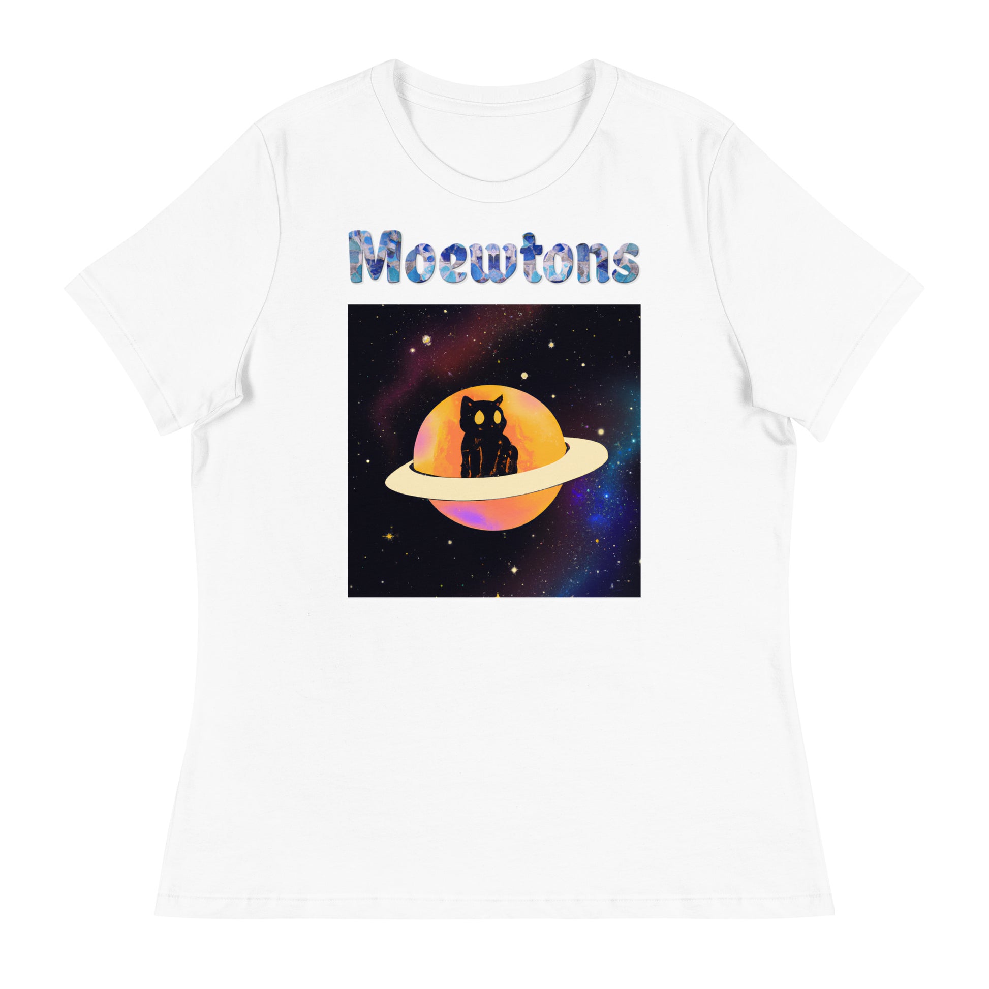 Women's White T-Shirt with Cat In a Saturn with a text "Moewtons" at $25.97 found at Personalizedpetlovergifts