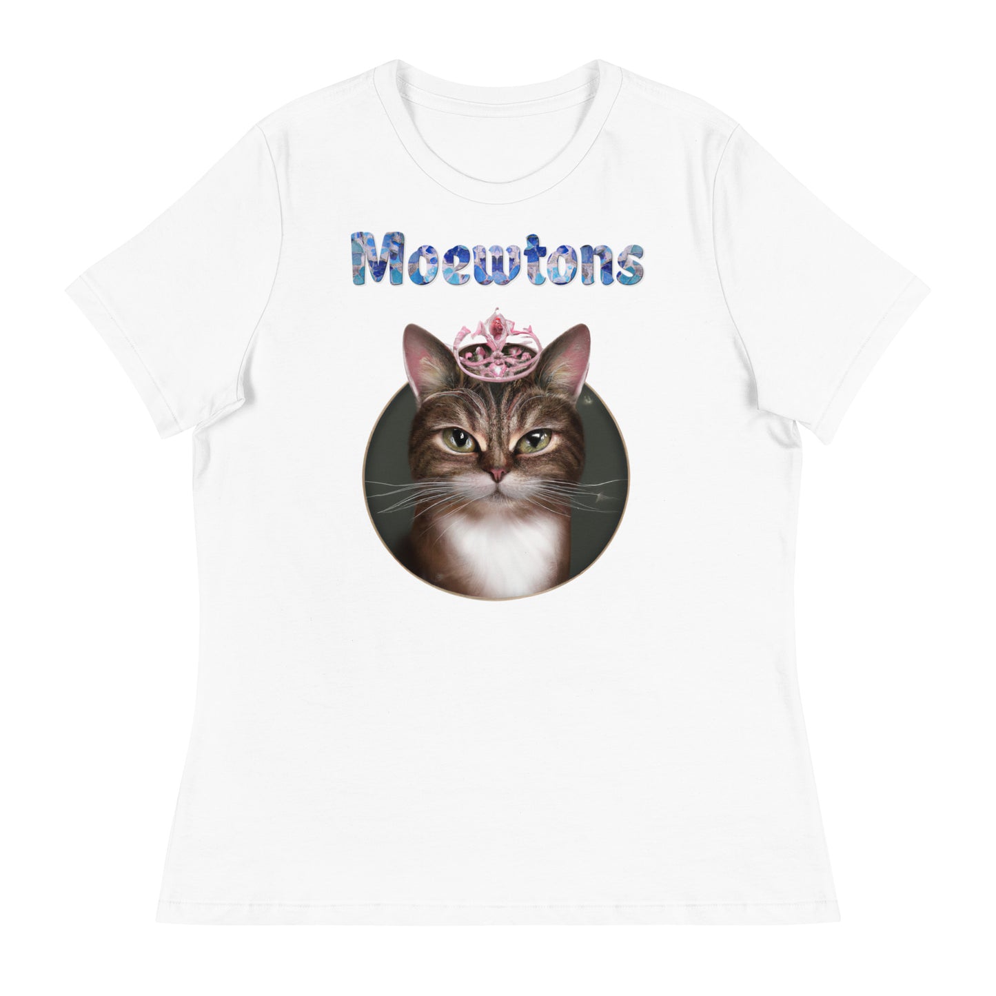 Women's White T-Shirt with Cat In a Circle With a Tiara with a text "Moewtons" at $25.97 found at Personalizedpetlovergifts