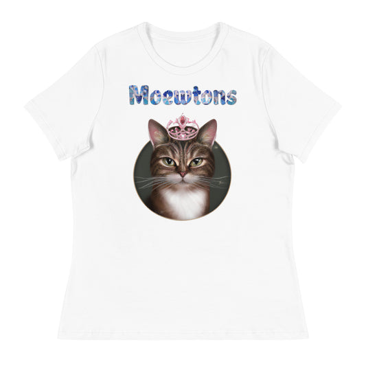 Women's White T-Shirt with Cat In a Circle With a Tiara with a text "Moewtons" at $25.97 found at Personalizedpetlovergifts