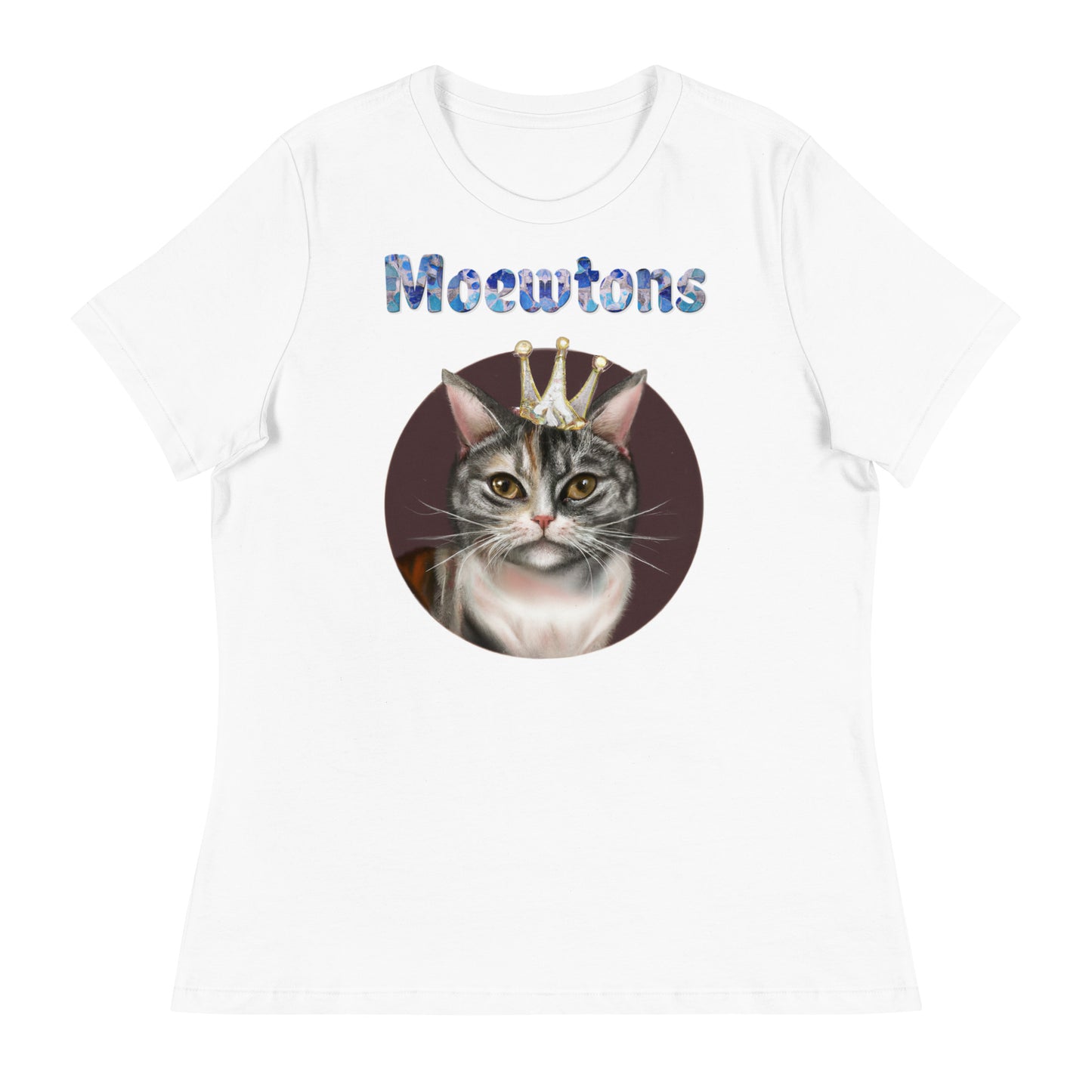 Women's White T-Shirt with Cat In a Circle With a Crown with a text "Moewtons" at $25.97 found at Personalizedpetlovergifts