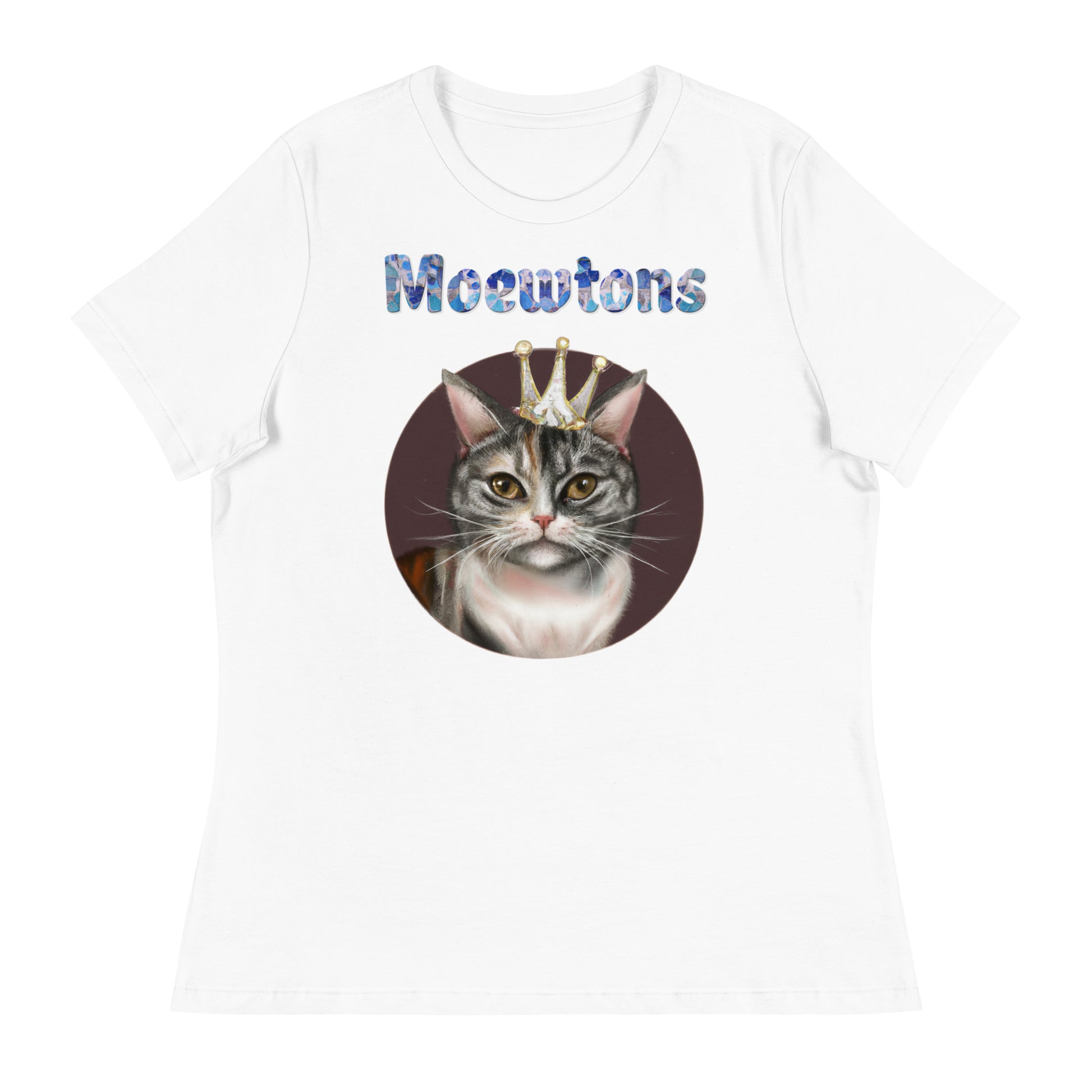 Women's White T-Shirt with Cat In a Circle With a Crown with a text "Moewtons" at $25.97 found at Personalizedpetlovergifts