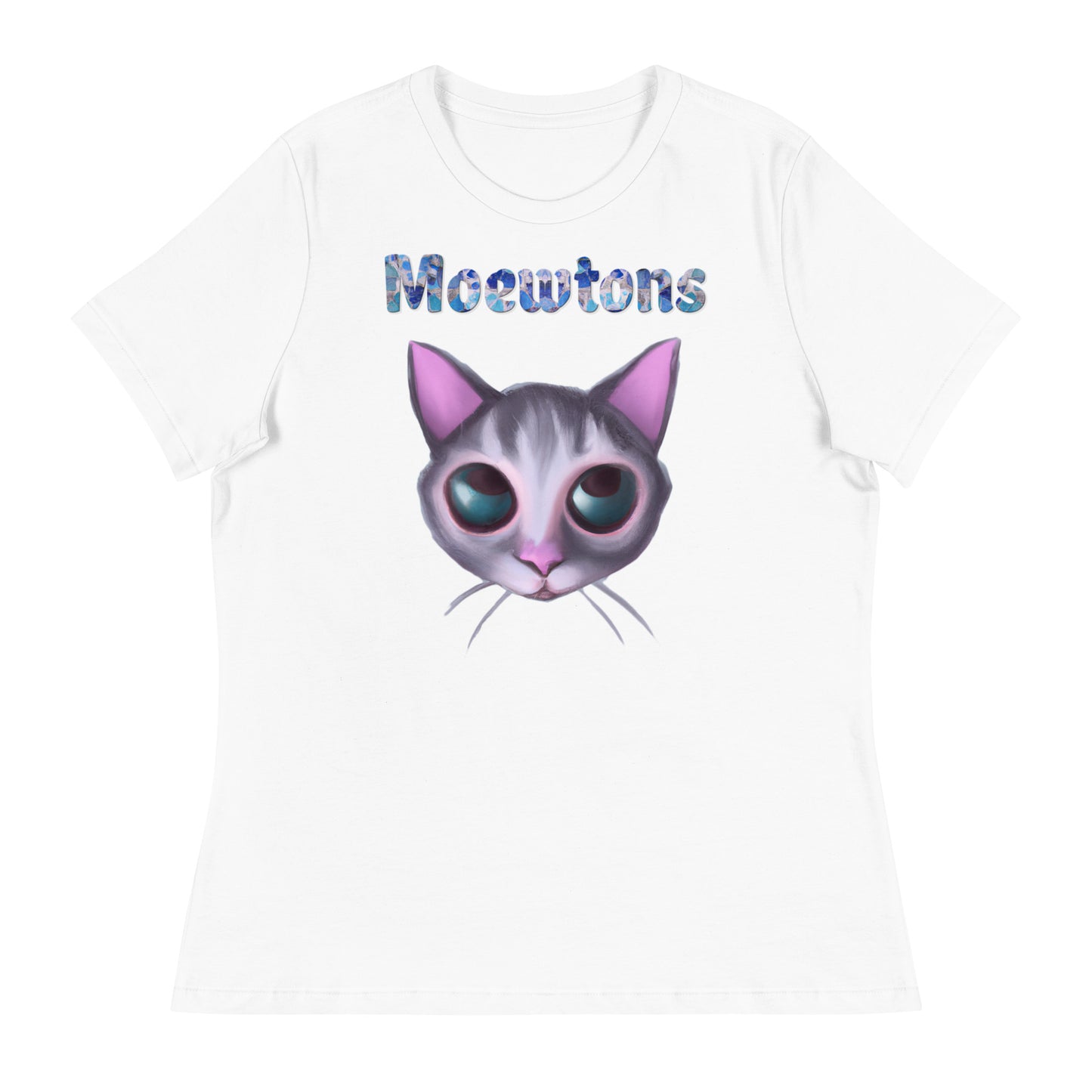 Women's White T-Shirt with Cat Face with a text "Moewtons" at $25.97 found at Personalizedpetlovergifts