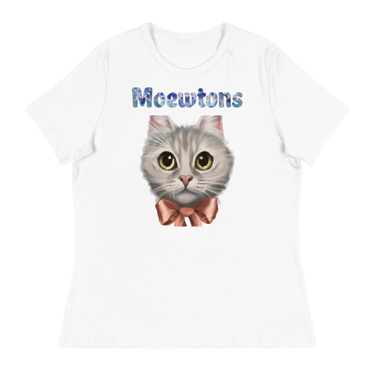 Women's White T-Shirt with Cat Face With Orange Bow with a text "Moewtons" at $25.97 found at Personalizedpetlovergifts