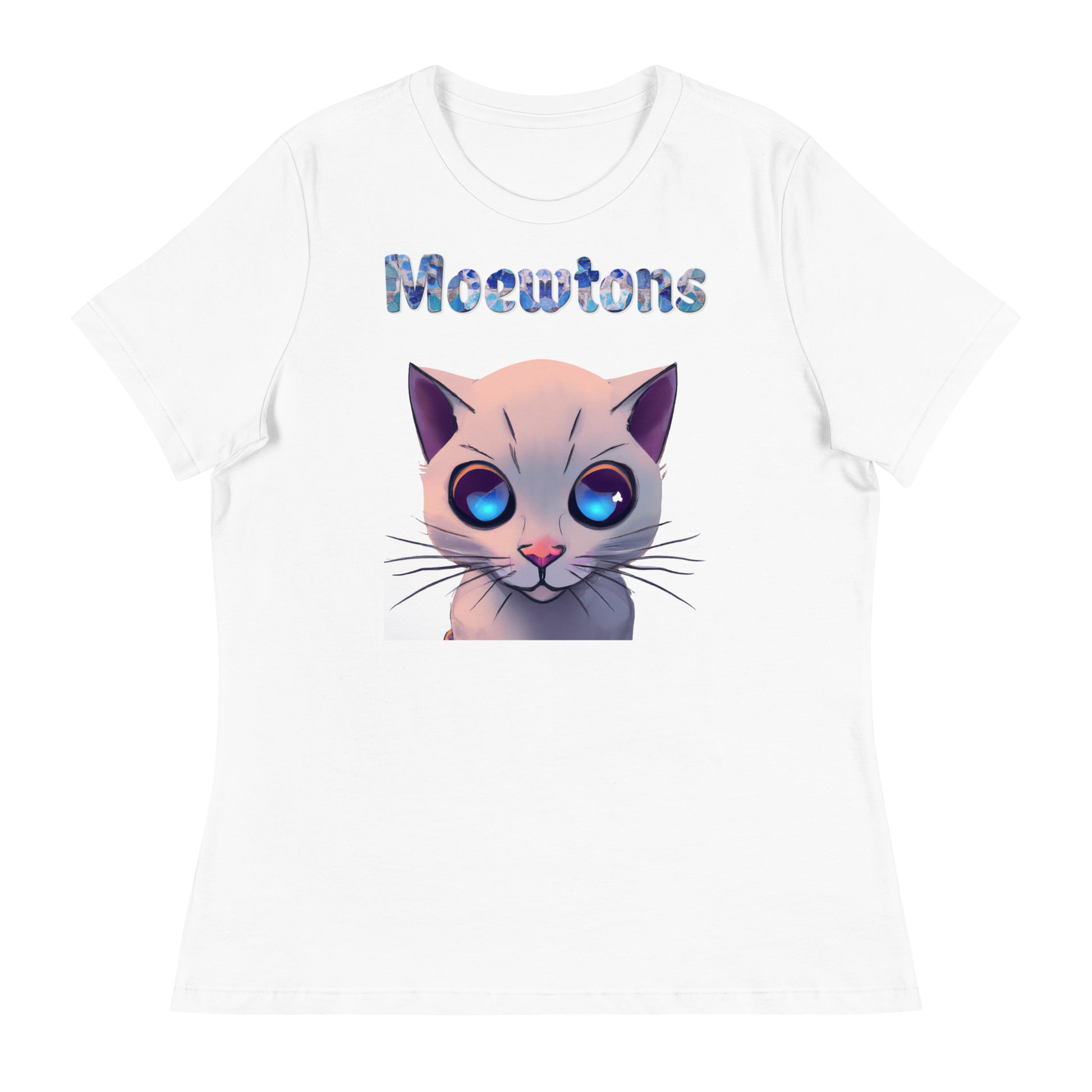 Women's White T-Shirt with Cat Face With Blue Eyes with a text "Moewtons" at $25.97 found at Personalizedpetlovergifts