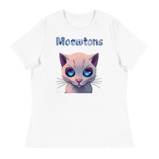 Women's White T-Shirt with Cat Face With Blue Eyes with a text "Moewtons" at $25.97 found at Personalizedpetlovergifts