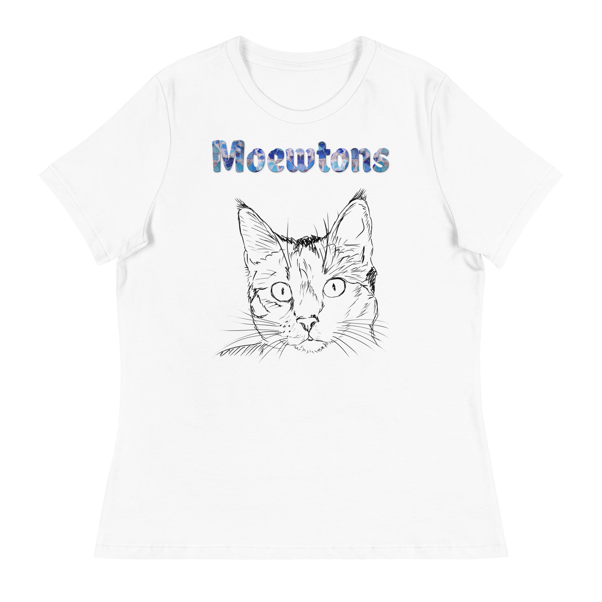 Women's White T-Shirt with Cat Face Line Art with a text "Moewtons" at $25.97 found at Personalizedpetlovergifts