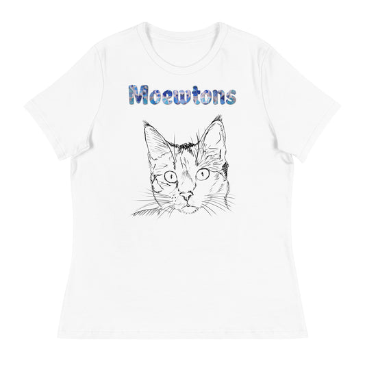 Women's White T-Shirt with Cat Face Line Art with a text "Moewtons" at $25.97 found at Personalizedpetlovergifts