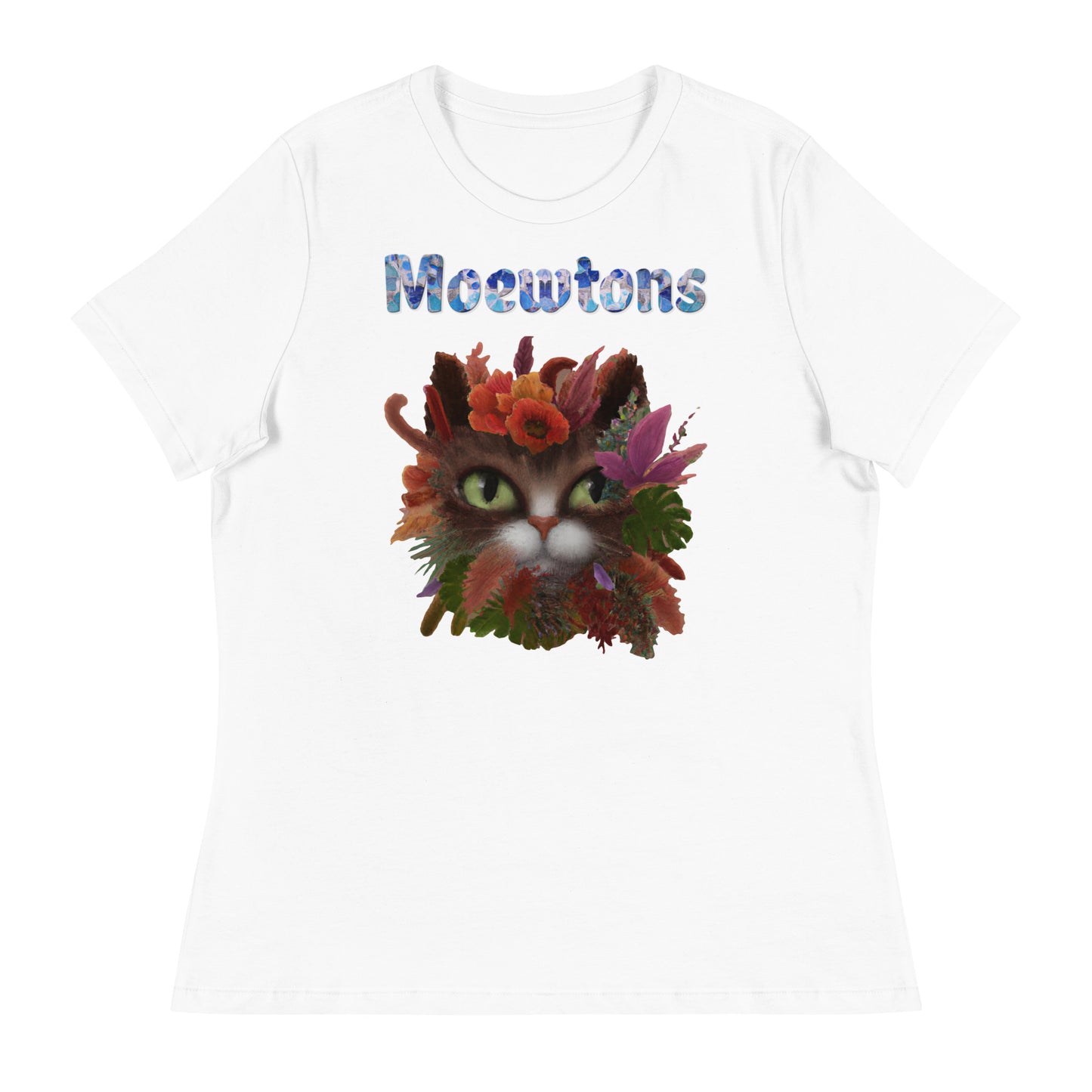 Women's White T-Shirt with Cat Face Covered In Flowers with a text "Moewtons" at $25.97 found at Personalizedpetlovergifts