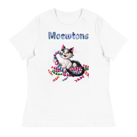 Women's White T-Shirt with Cat Eating Candies with a text "Moewtons" at $25.97 found at Personalizedpetlovergifts