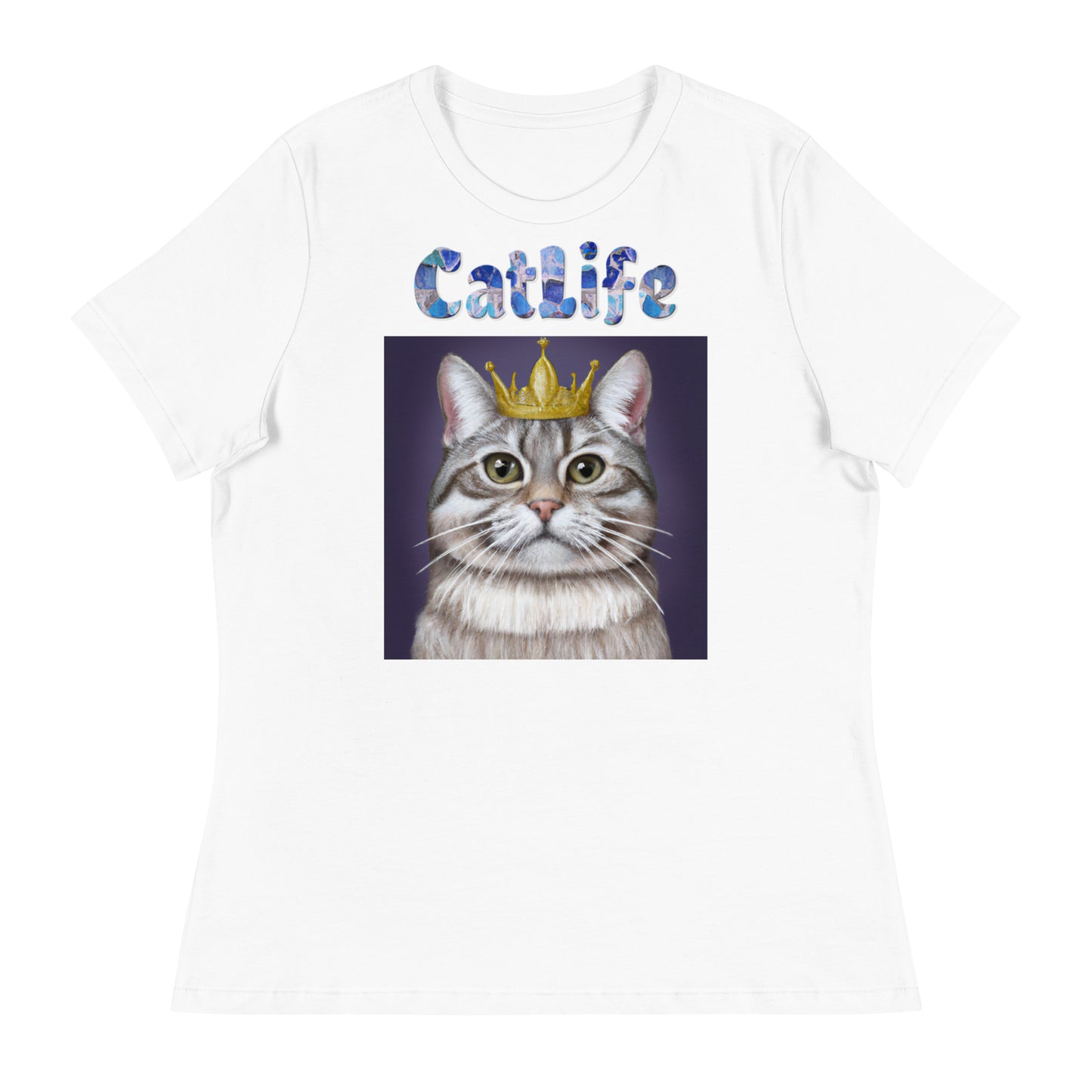 Women's White T-Shirt with Cat With a Crown with a text "CatLife" at $25.97 found at Personalizedpetlovergifts