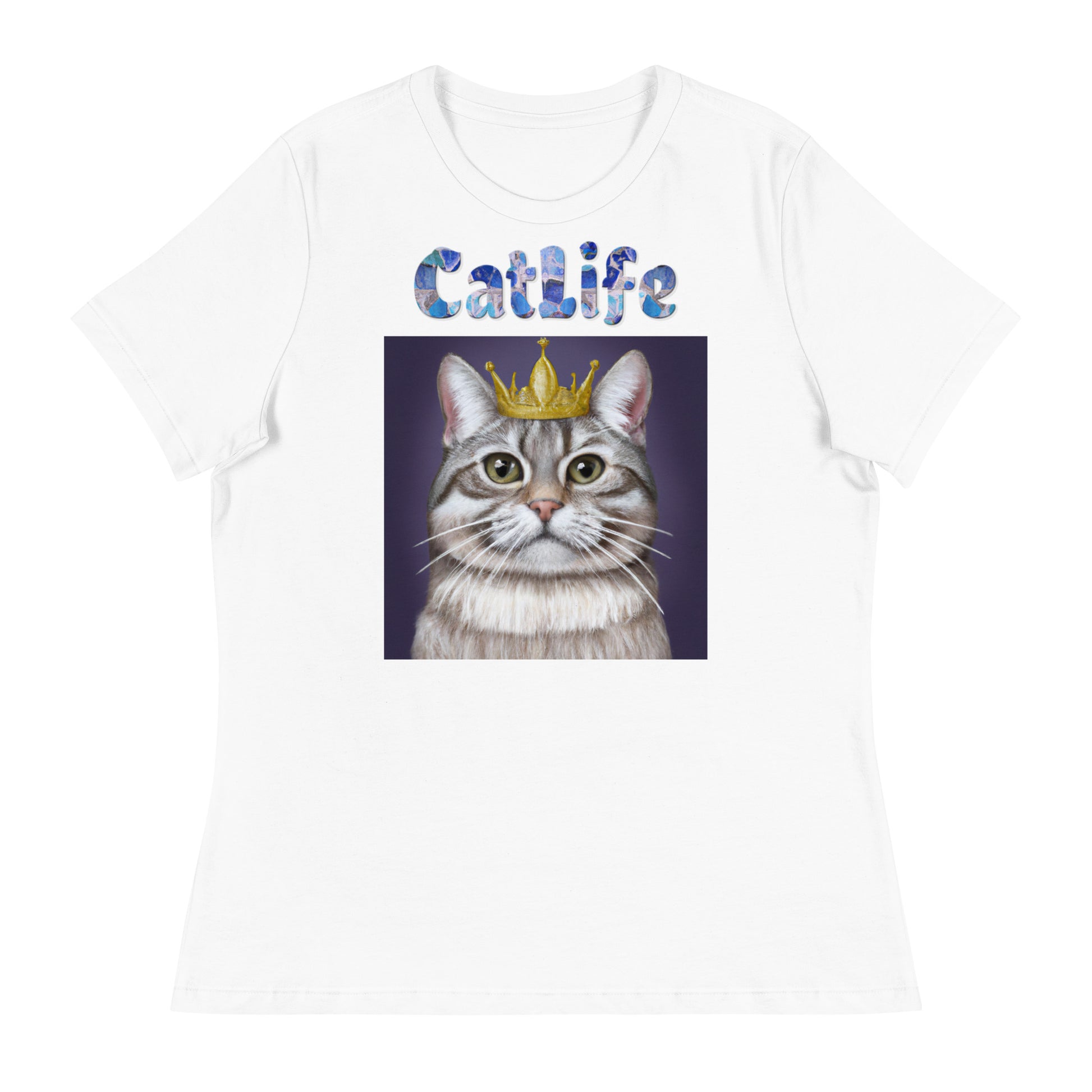 Women's White T-Shirt with Cat With a Crown with a text "CatLife" at $25.97 found at Personalizedpetlovergifts