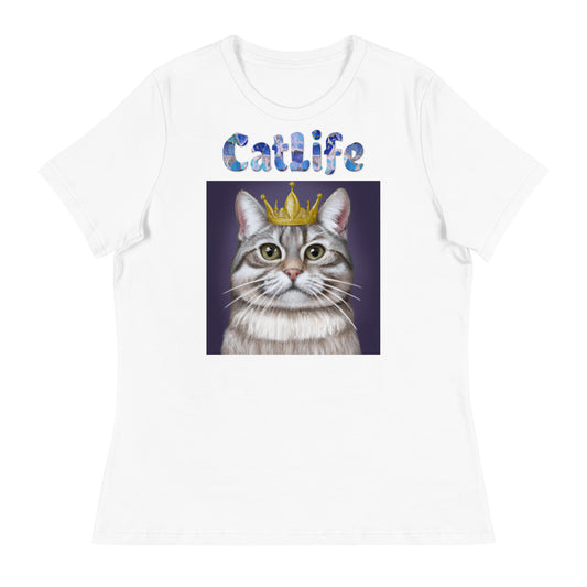 Women's White T-Shirt with Cat With a Crown with a text "CatLife" at $25.97 found at Personalizedpetlovergifts