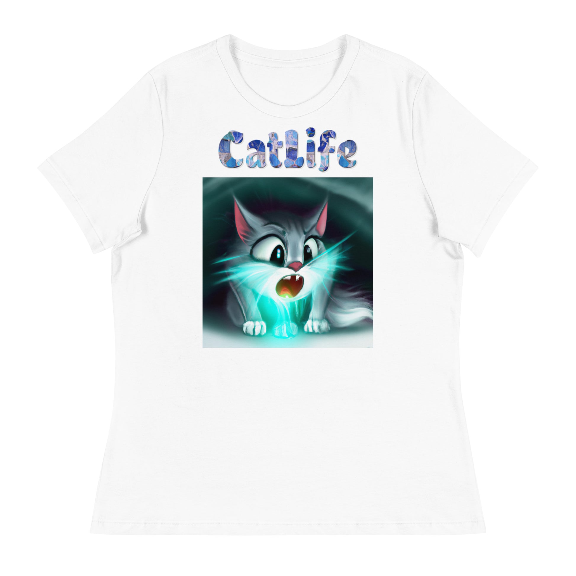 Women's White T-Shirt with Cat With a Blue Light with a text "CatLife" at $25.97 found at Personalizedpetlovergifts