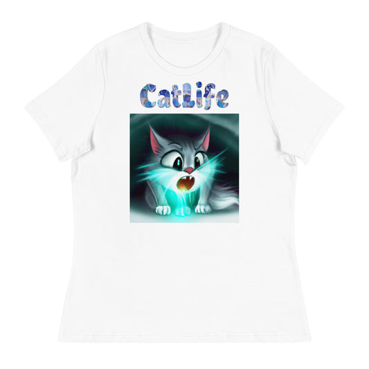 Women's White T-Shirt with Cat With a Blue Light with a text "CatLife" at $25.97 found at Personalizedpetlovergifts