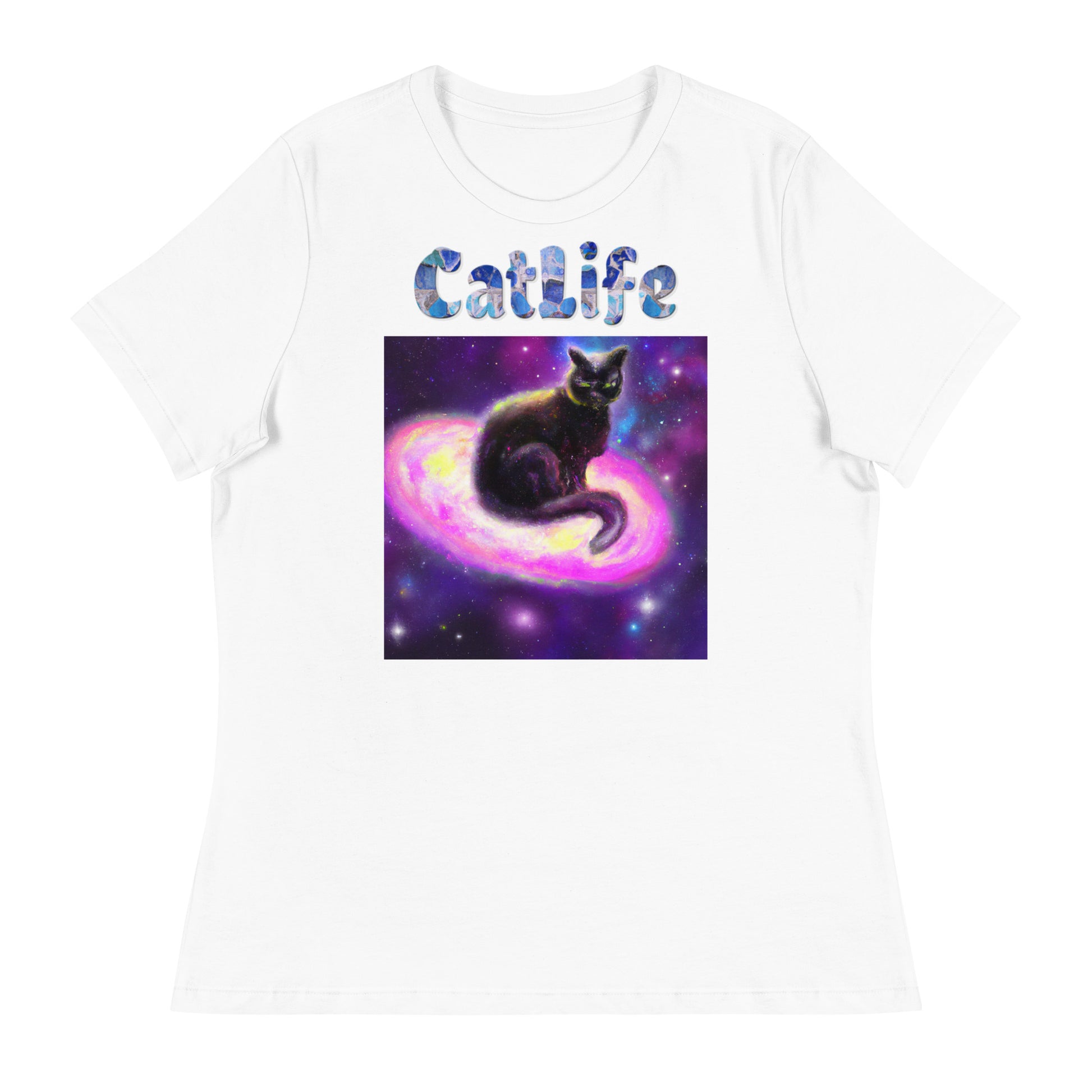 Women's White T-Shirt with Cat Sitting On A Galaxy with a text "CatLife" at $25.97 found at Personalizedpetlovergifts