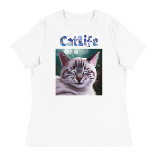 Women's White T-Shirt with Cat Purring with a text "CatLife" at $25.97 found at Personalizedpetlovergifts