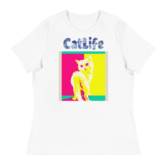 Women's White T-Shirt with Cat Poster Art with a text "CatLife" at $25.97 found at Personalizedpetlovergifts