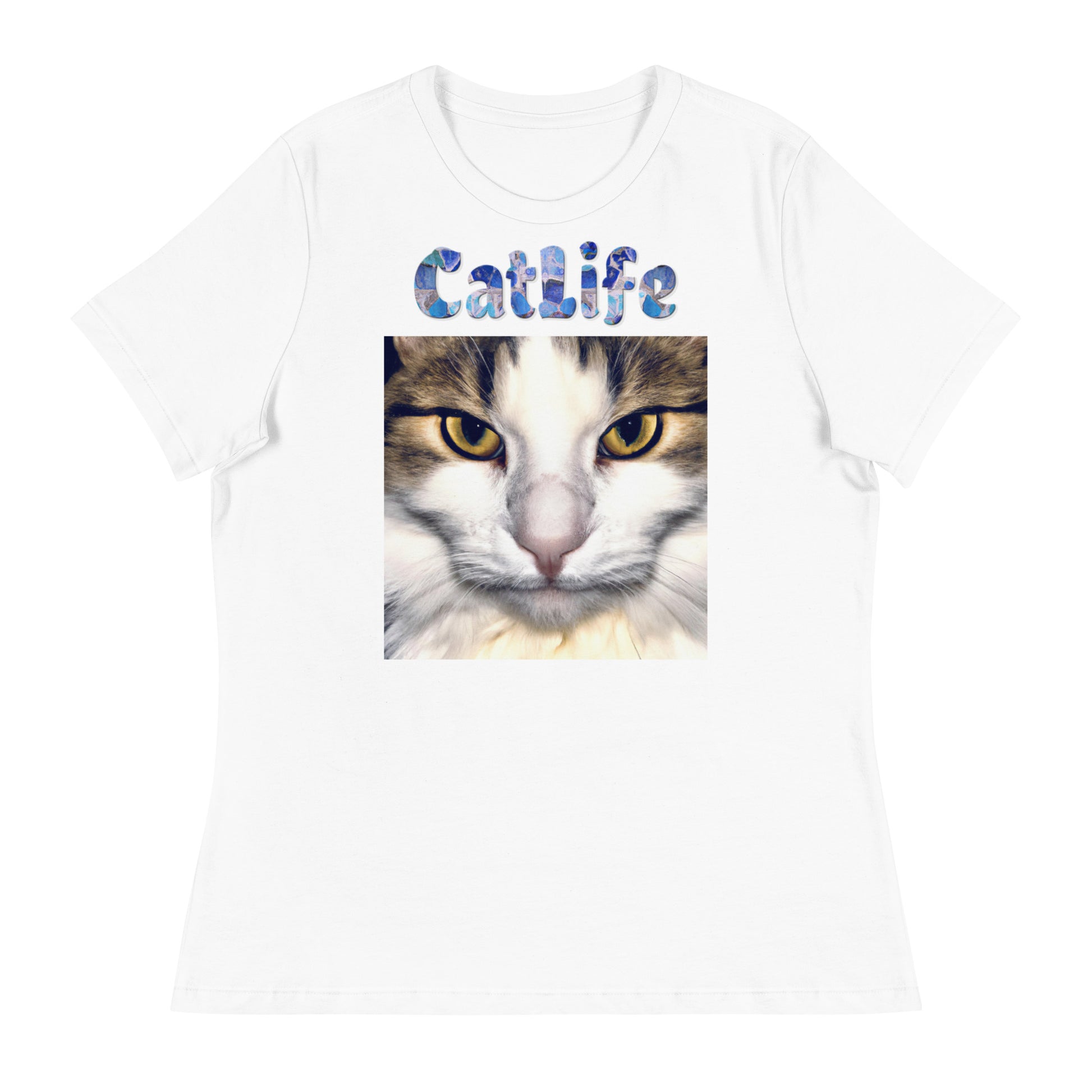 Women's White T-Shirt with Cat Portrait with a text "CatLife" at $25.97 found at Personalizedpetlovergifts