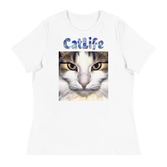 Women's White T-Shirt with Cat Portrait with a text "CatLife" at $25.97 found at Personalizedpetlovergifts