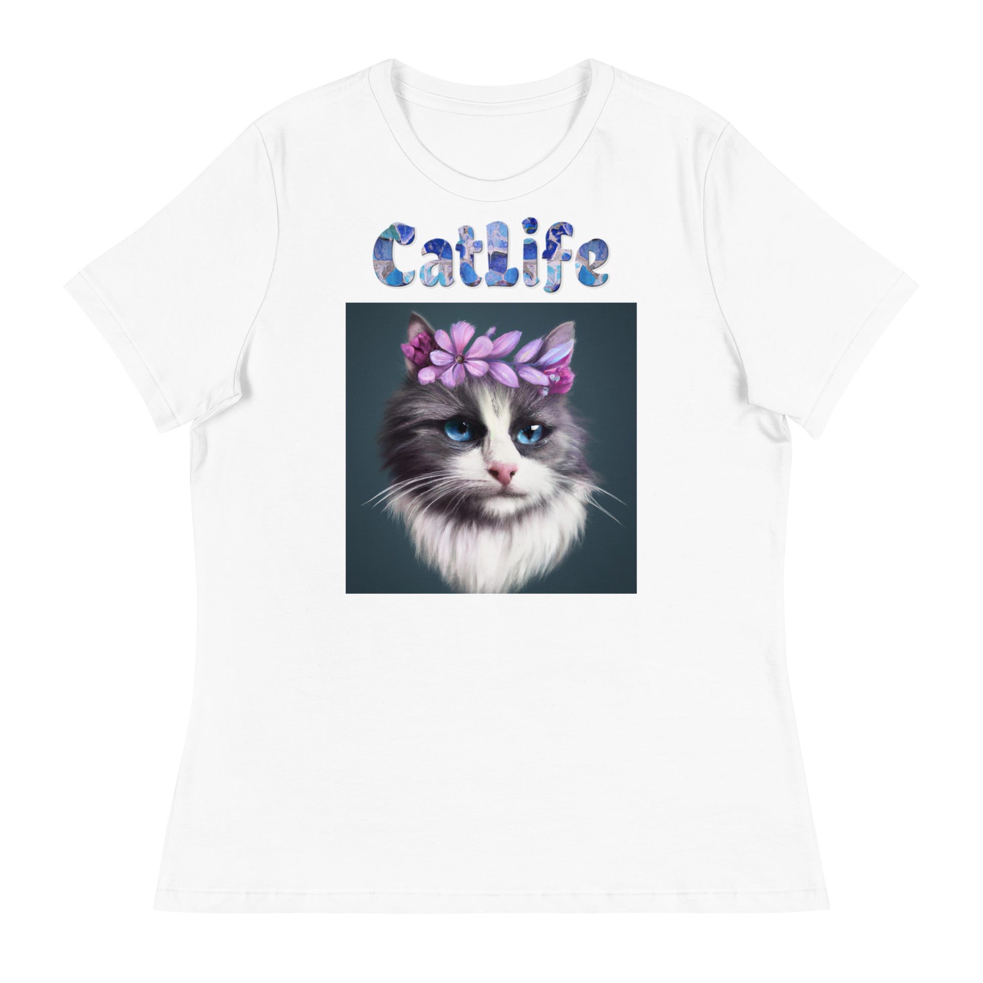 Women's White T-Shirt with Cat Portrait With Purple Flowers with a text "CatLife" at $25.97 found at Personalizedpetlovergifts