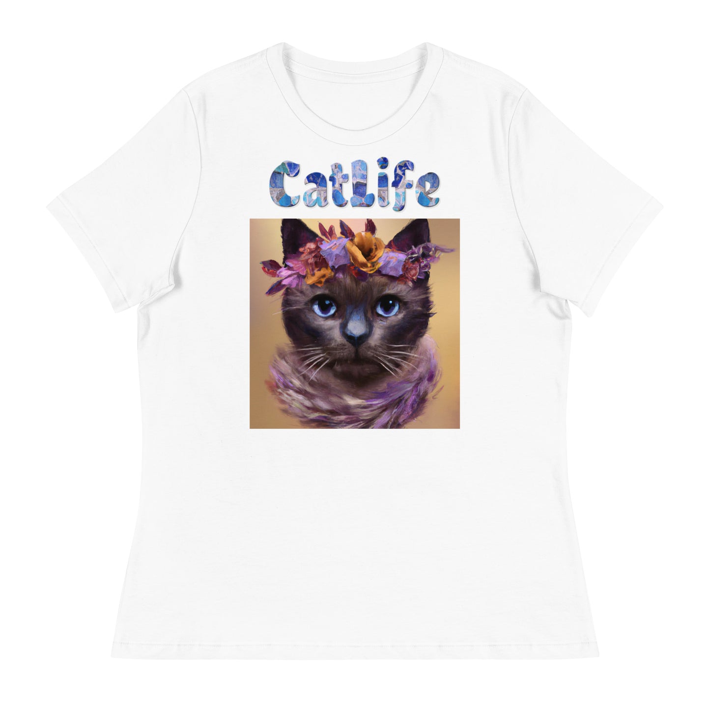 Women's White T-Shirt with Cat Portrait With Flowers And Blue Eyes with a text "CatLife" at $25.97 found at Personalizedpetlovergifts