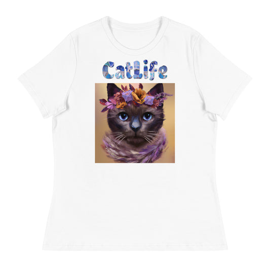 Women's White T-Shirt with Cat Portrait With Flowers And Blue Eyes with a text "CatLife" at $25.97 found at Personalizedpetlovergifts