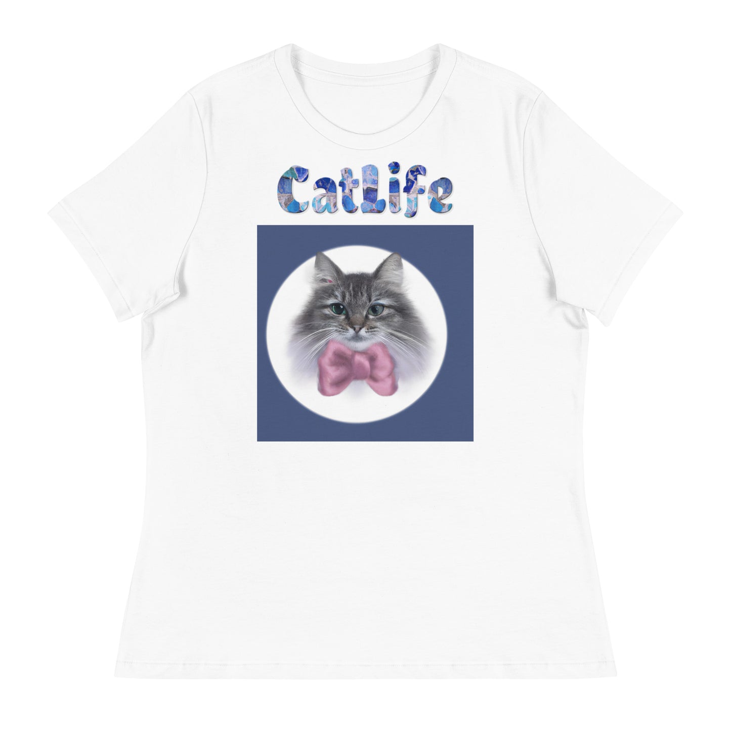 Women's White T-Shirt with Cat Portrait With a Pink Bow with a text "CatLife" at $25.97 found at Personalizedpetlovergifts