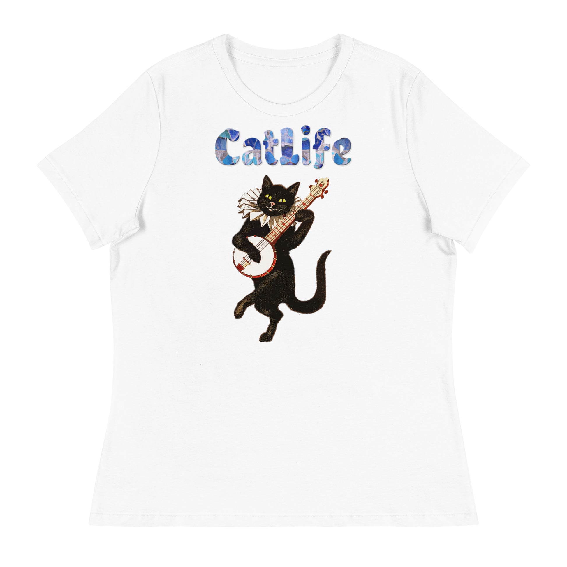 Women's White T-Shirt with Cat Playing a Banjo with a text "CatLife" at $25.97 found at Personalizedpetlovergifts