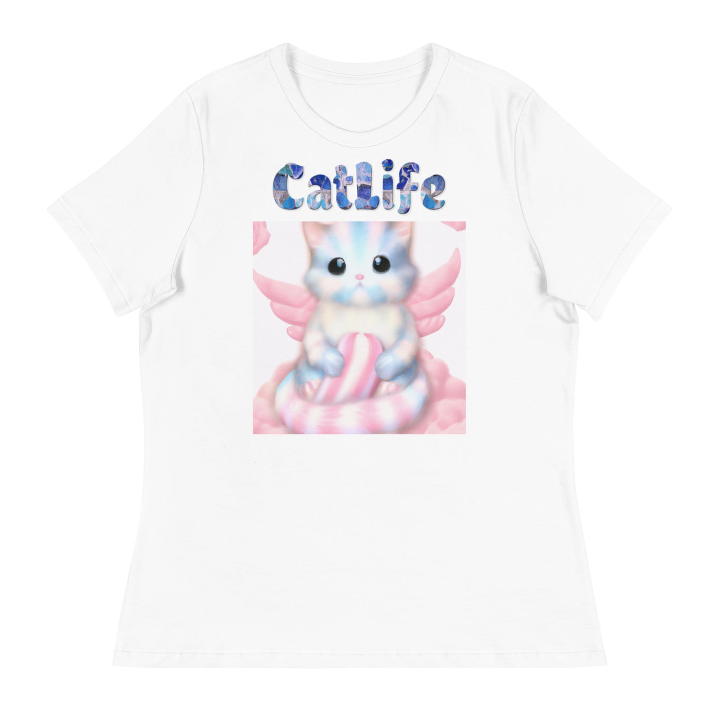 Women's White T-Shirt with Cat On Fluffy Cloud With Wings with a text "CatLife" at $25.97 found at Personalizedpetlovergifts