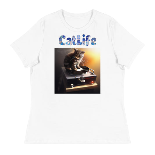 Women's White T-Shirt with Cat On a Vinyl Player with a text "CatLife" at $25.97 found at Personalizedpetlovergifts