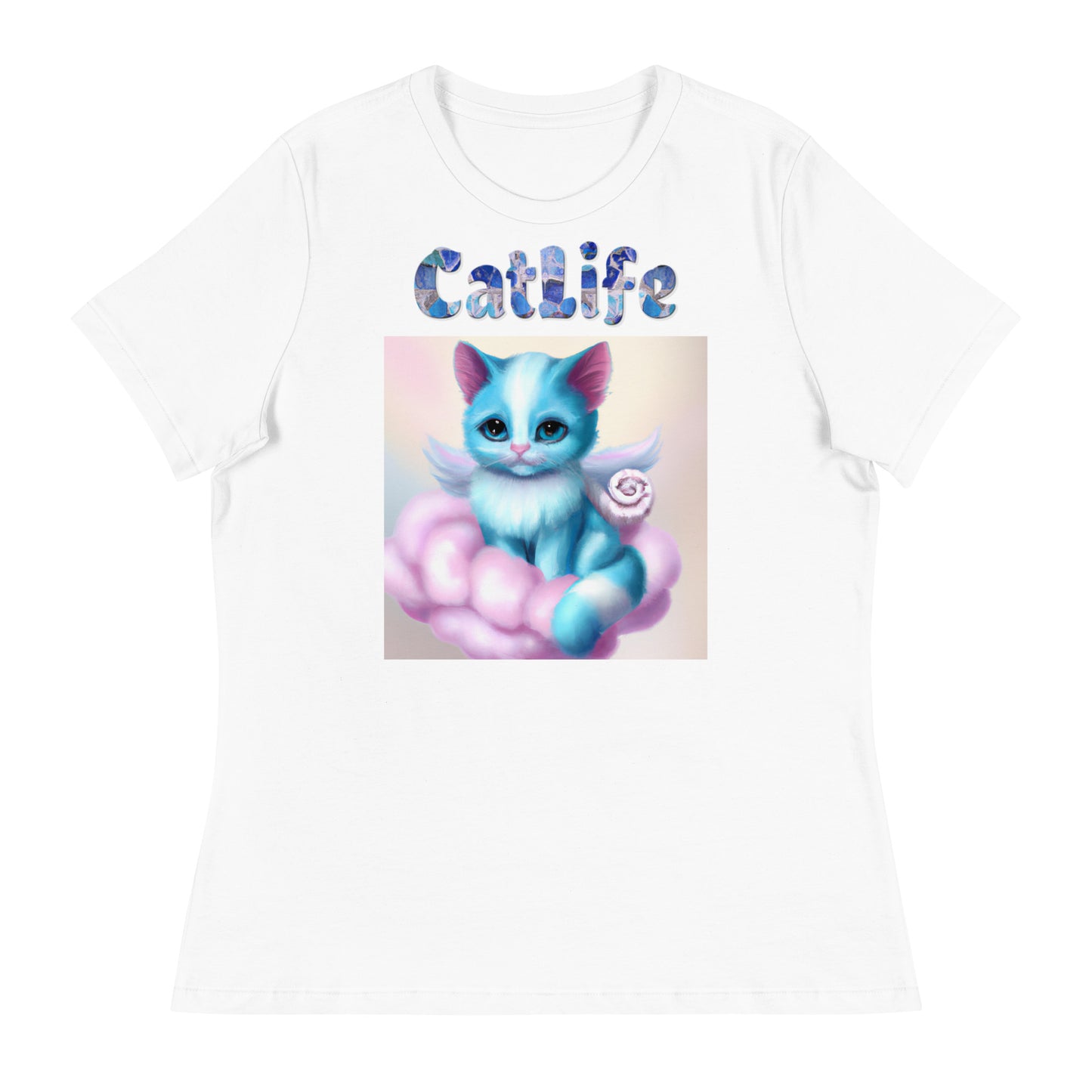 Women's White T-Shirt with Cat On a Pink Cloud with a text "CatLife" at $25.97 found at Personalizedpetlovergifts