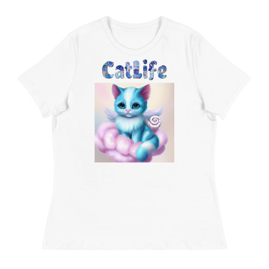 Women's White T-Shirt with Cat On a Pink Cloud with a text "CatLife" at $25.97 found at Personalizedpetlovergifts