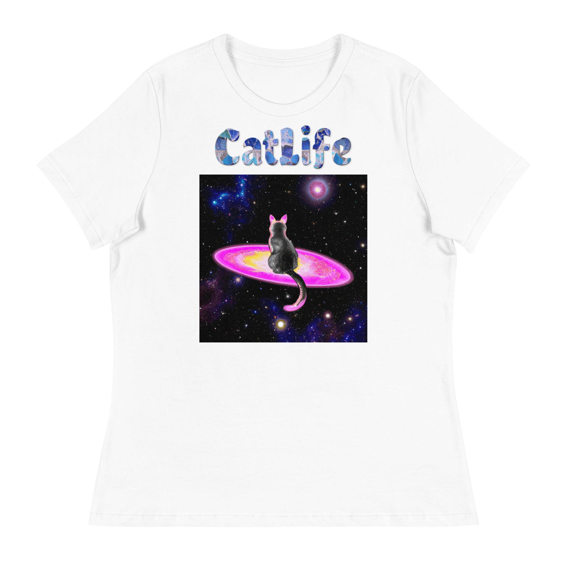 Women's White T-Shirt with Cat On a Galaxy with a text "CatLife" at $25.97 found at Personalizedpetlovergifts