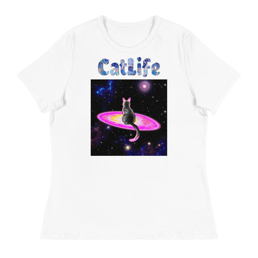 Women's White T-Shirt with Cat On a Galaxy with a text "CatLife" at $25.97 found at Personalizedpetlovergifts