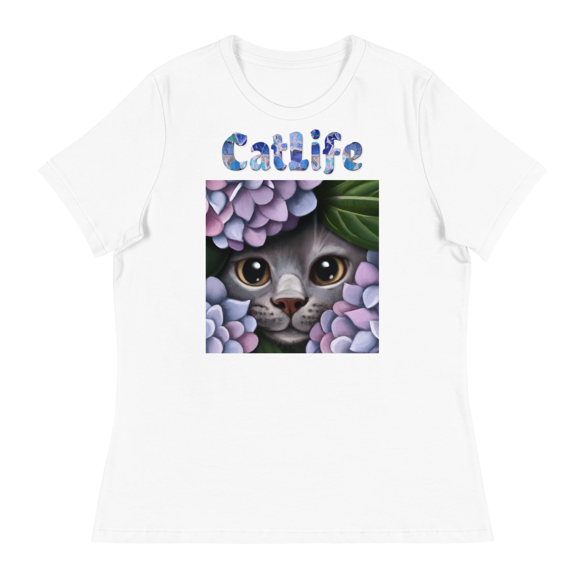 Women's White T-Shirt with Cat Looking Out Of Hydrangeas with a text "CatLife" at $25.97 found at Personalizedpetlovergifts