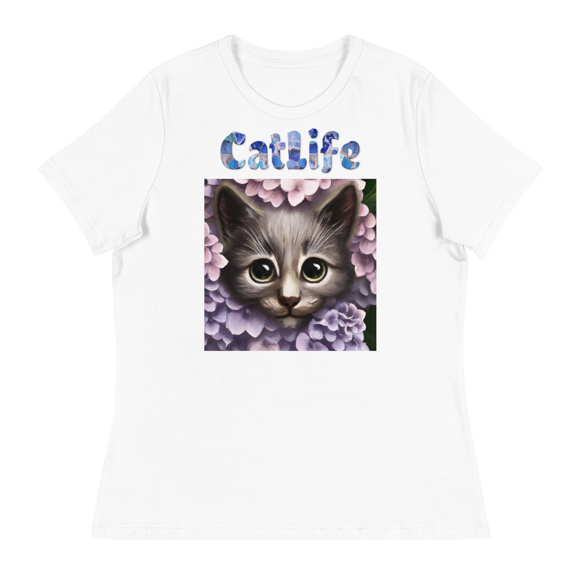 Women's White T-Shirt with Cat Looking Out Of Hydrangea Flowers with a text "CatLife" at $25.97 found at Personalizedpetlovergifts