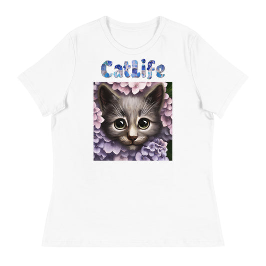 Women's White T-Shirt with Cat Looking Out Of Hydrangea Flowers with a text "CatLife" at $25.97 found at Personalizedpetlovergifts