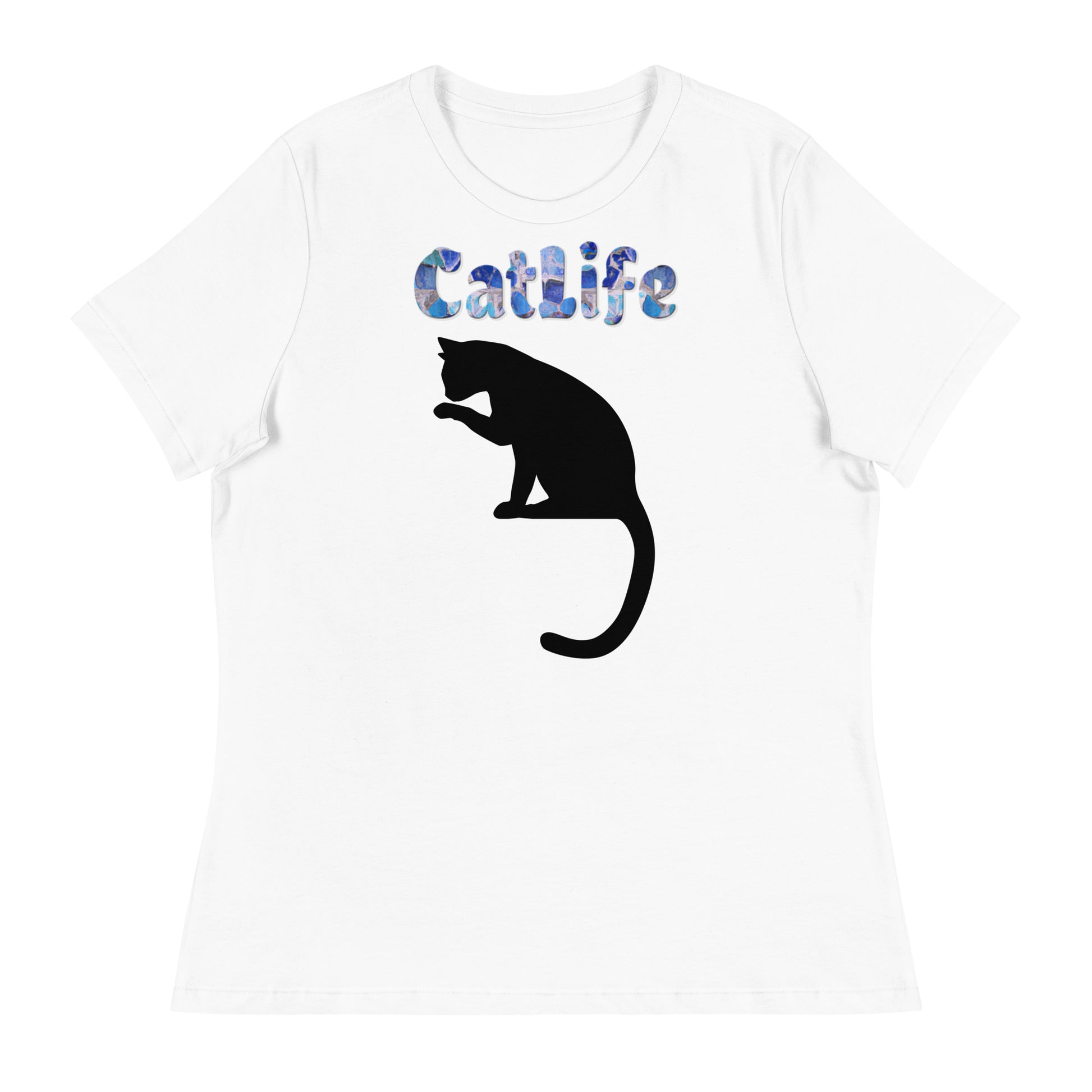 Women's White T-Shirt with Cat Licking Its Paw with a text "CatLife" at $25.97 found at Personalizedpetlovergifts