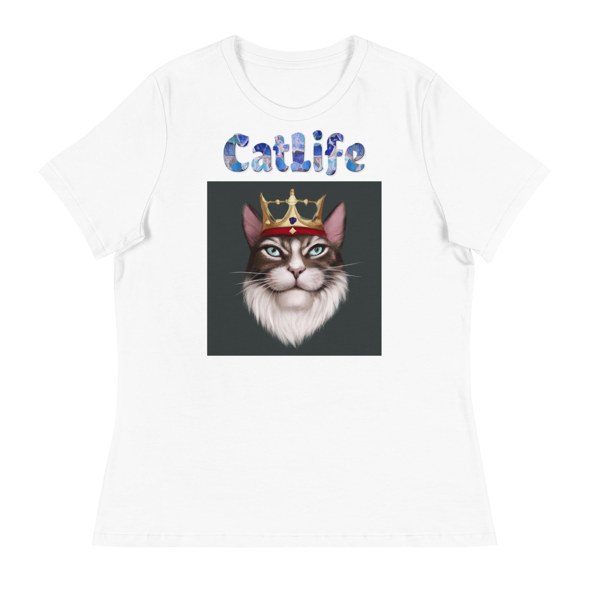 Women's White T-Shirt with Cat King with a text "CatLife" at $25.97 found at Personalizedpetlovergifts