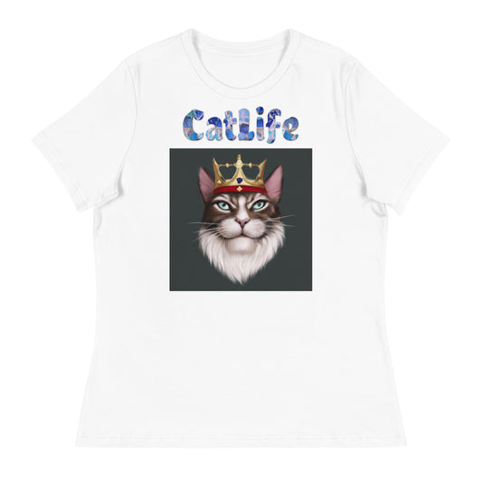 Women's White T-Shirt with Cat King with a text "CatLife" at $25.97 found at Personalizedpetlovergifts