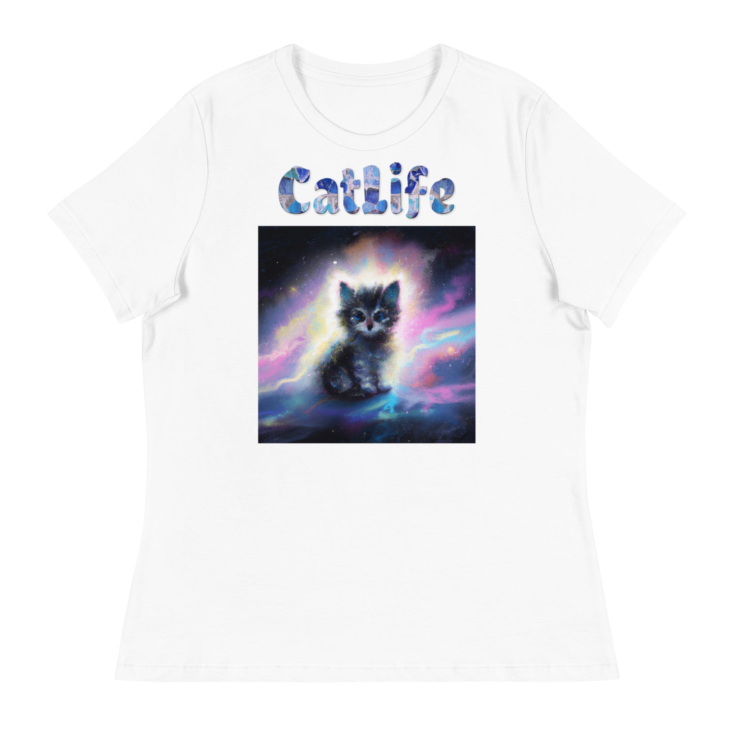 Women's White T-Shirt with Cat In The Space with a text "CatLife" at $25.97 found at Personalizedpetlovergifts