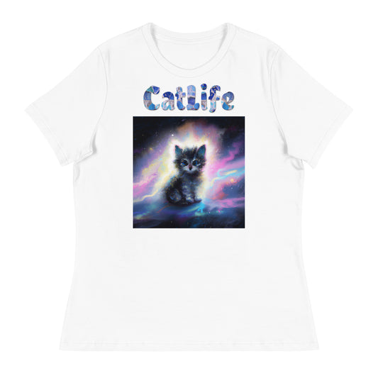 Women's White T-Shirt with Cat In The Space with a text "CatLife" at $25.97 found at Personalizedpetlovergifts